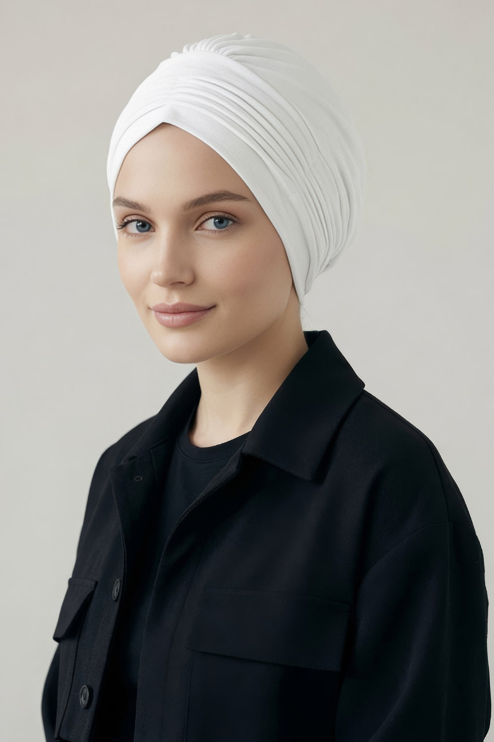 Fashionable Pleated Instant Turban Hijab for Women, Breathable Cotton Stretch Head Cover, High Quality Chemo & Alopecia Headwrap,B-19 White