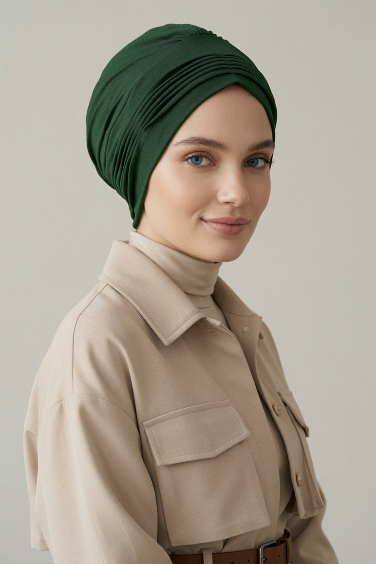 Fashionable Pleated Instant Turban Hijab for Women, Breathable Cotton Stretch Head Cover, High Quality Chemo & Alopecia Headwrap,B-19 Green