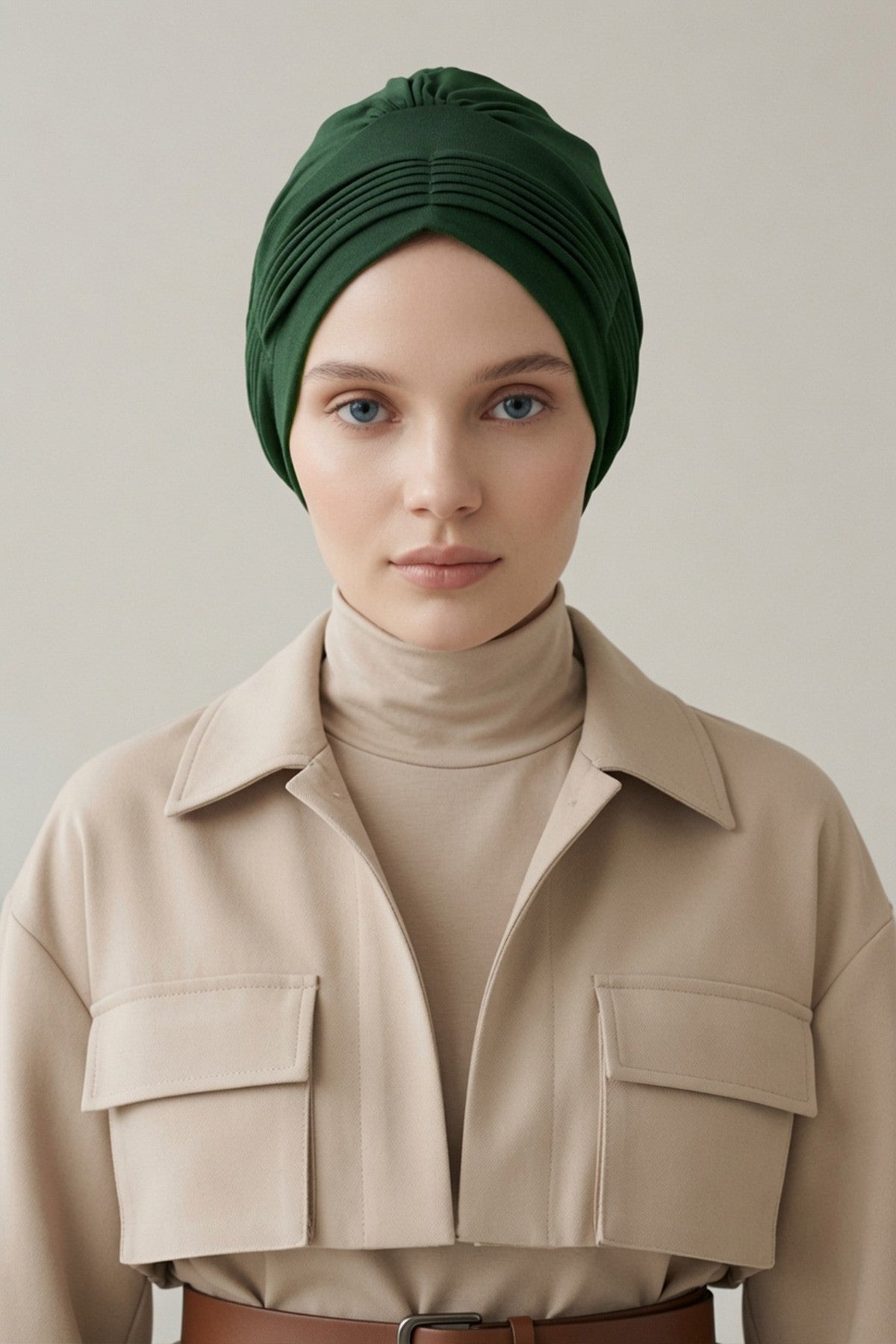 Fashionable Pleated Instant Turban Hijab for Women, Breathable Cotton Stretch Head Cover, High Quality Chemo & Alopecia Headwrap,B-19 Green