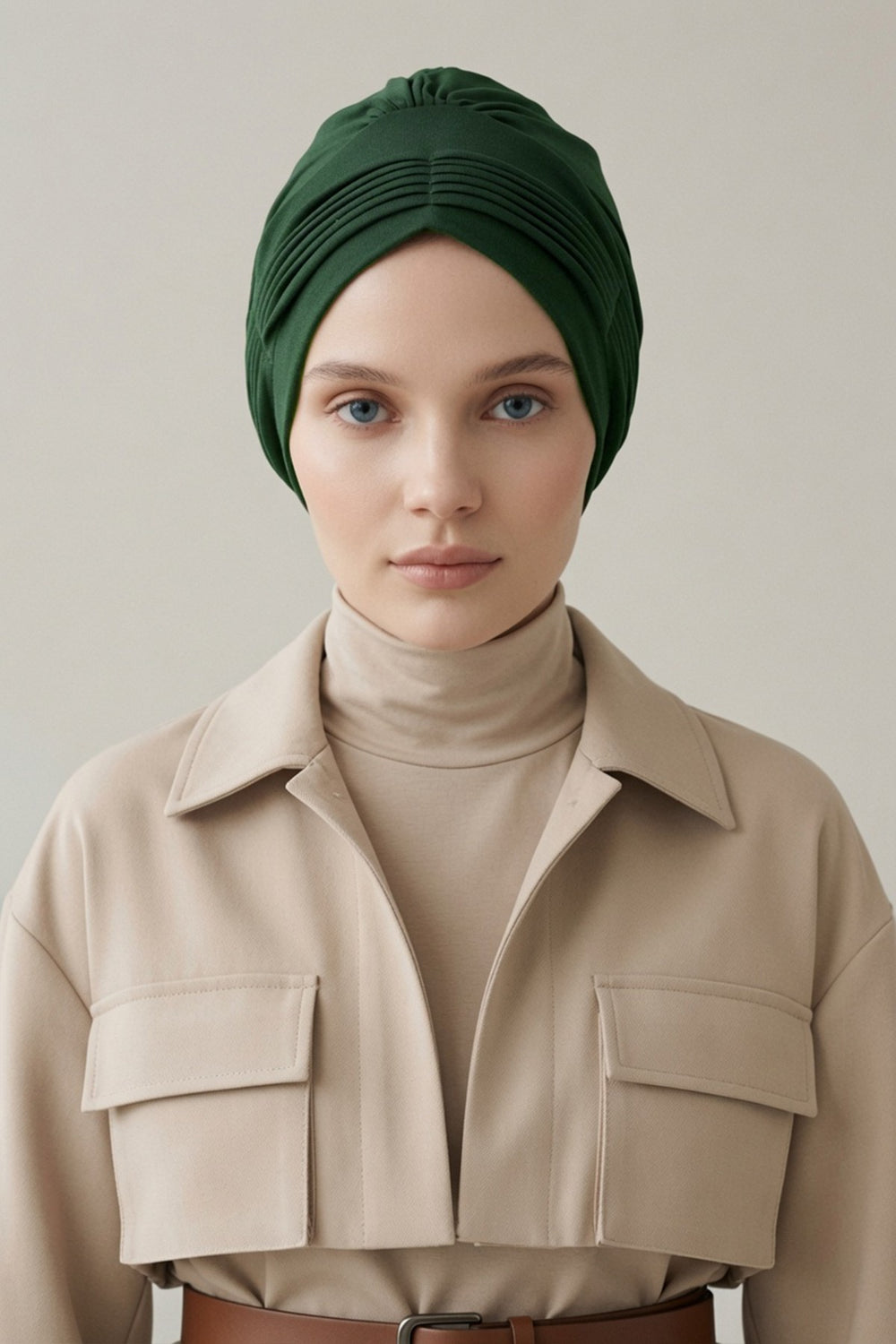 Fashionable Pleated Instant Turban Hijab for Women, Breathable Cotton Stretch Head Cover, High Quality Chemo & Alopecia Headwrap,B-19 Green