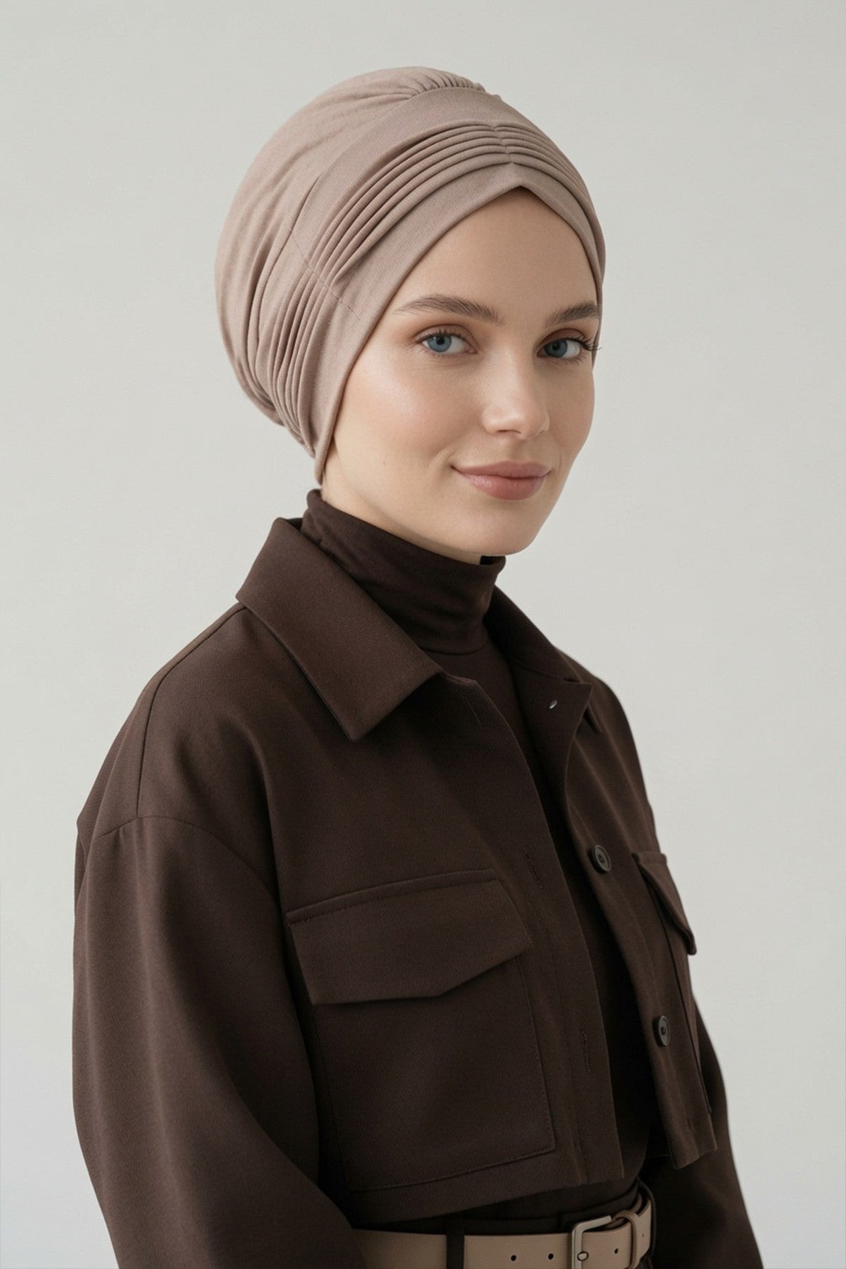 Fashionable Pleated Instant Turban Hijab for Women, Breathable Cotton Stretch Head Cover, High Quality Chemo & Alopecia Headwrap,B-19 Mink