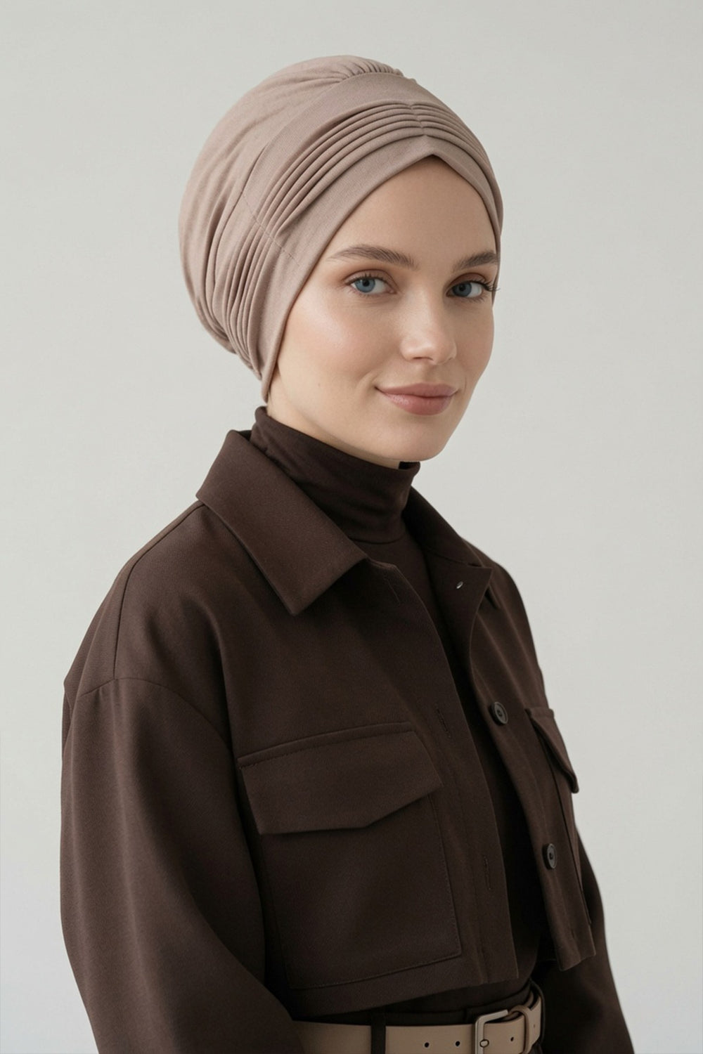 Fashionable Pleated Instant Turban Hijab for Women, Breathable Cotton Stretch Head Cover, High Quality Chemo & Alopecia Headwrap,B-19 Mink