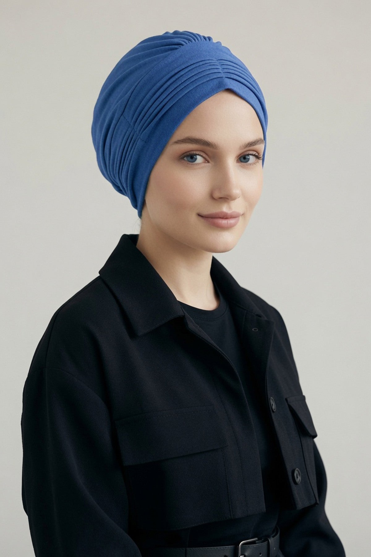 Fashionable Pleated Instant Turban Hijab for Women, Breathable Cotton Stretch Head Cover, High Quality Chemo & Alopecia Headwrap,B-19 İndigo