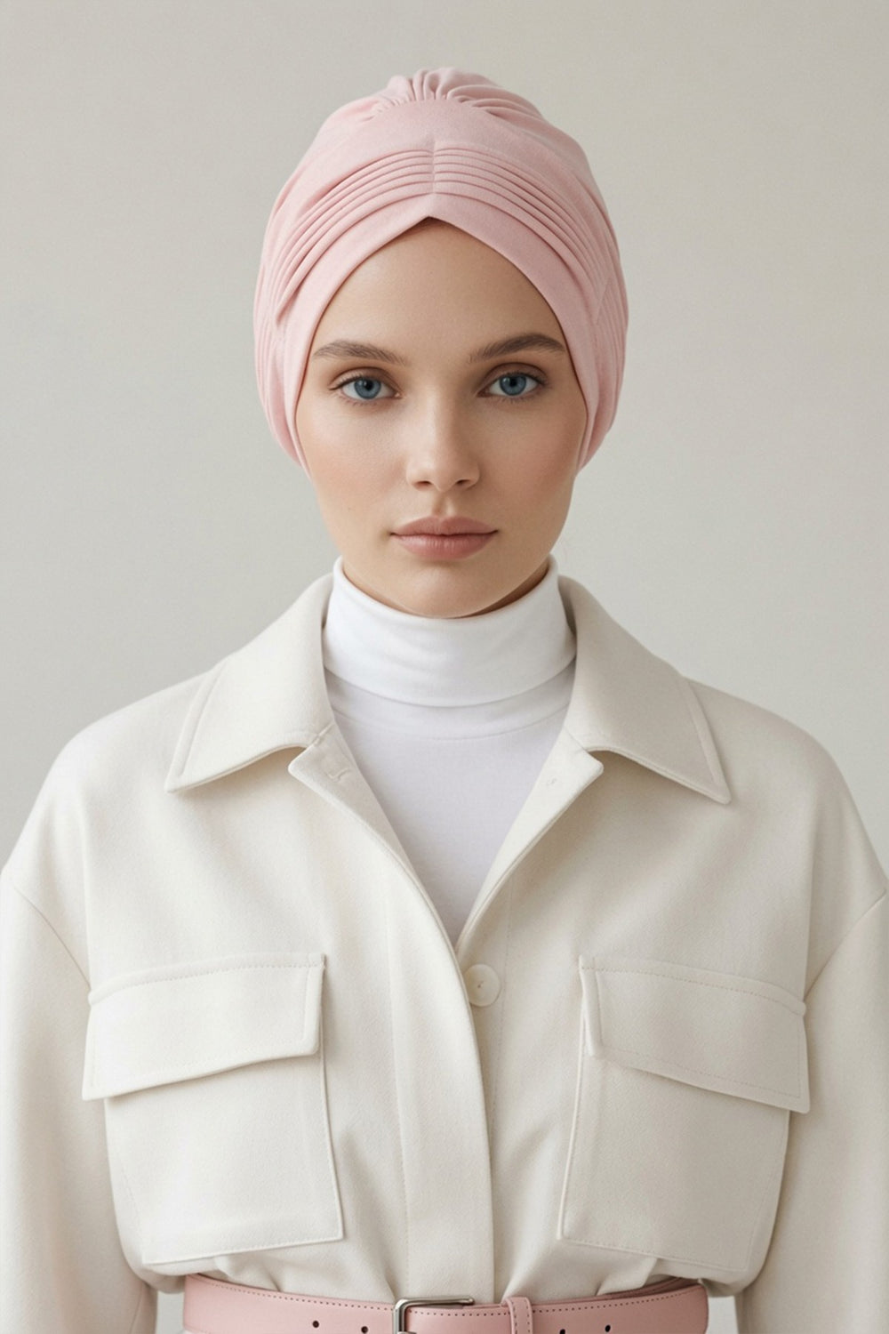 Fashionable Pleated Instant Turban Hijab for Women, Breathable Cotton Stretch Head Cover, High Quality Chemo & Alopecia Headwrap,B-19 Powder