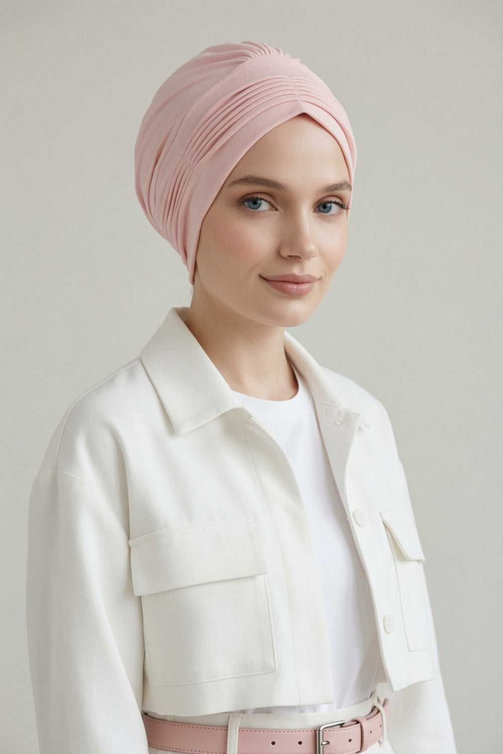 Fashionable Pleated Instant Turban Hijab for Women, Breathable Cotton Stretch Head Cover, High Quality Chemo & Alopecia Headwrap,B-19 Powder