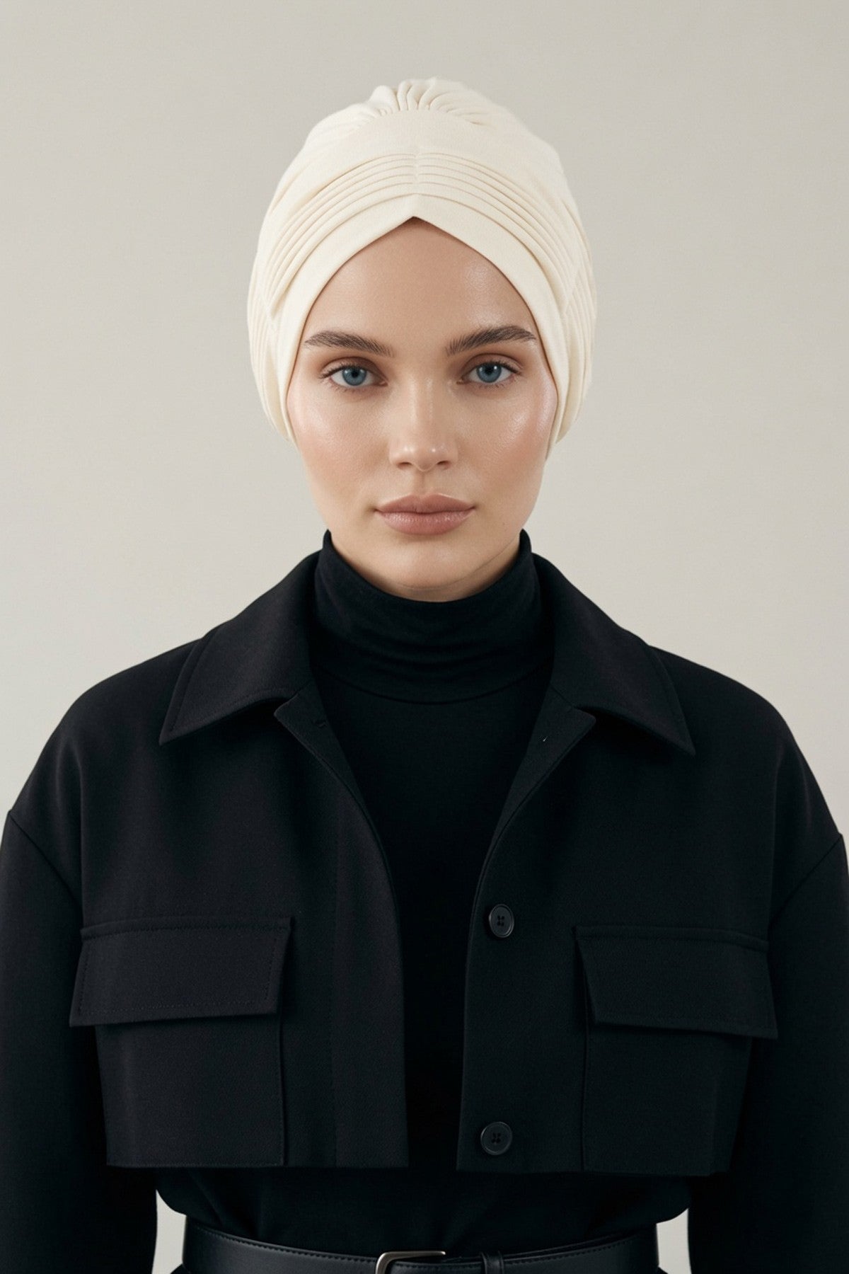 Fashionable Pleated Instant Turban Hijab for Women, Breathable Cotton Stretch Head Cover, High Quality Chemo & Alopecia Headwrap,B-19 Ivory