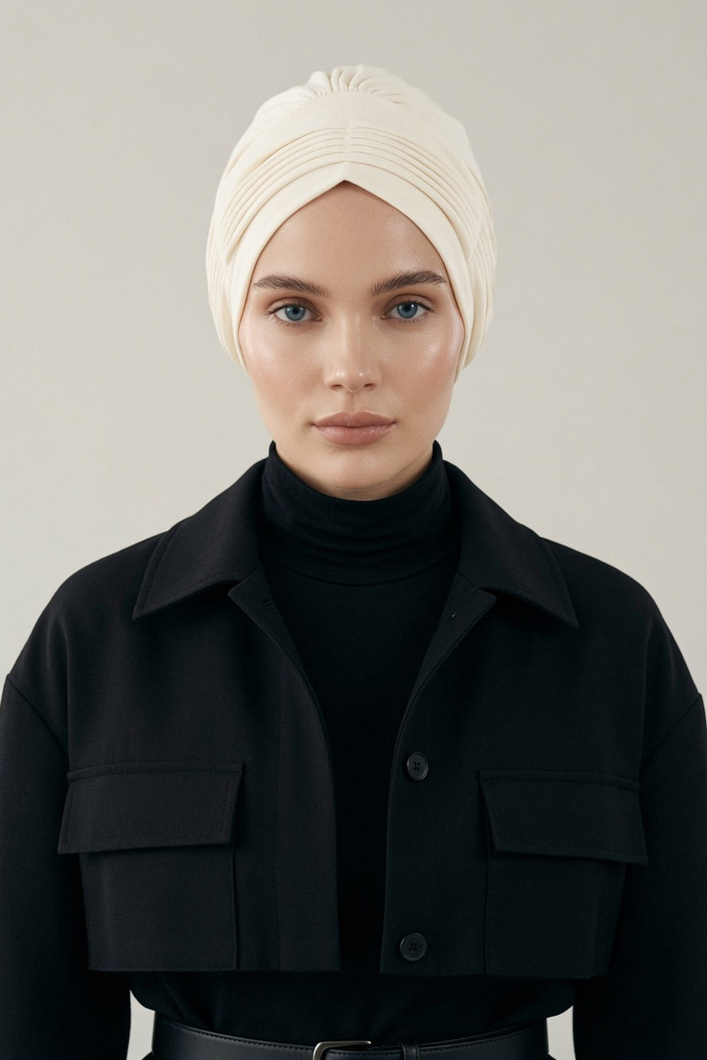 Fashionable Pleated Instant Turban Hijab for Women, Breathable Cotton Stretch Head Cover, High Quality Chemo & Alopecia Headwrap,B-19 Ivory