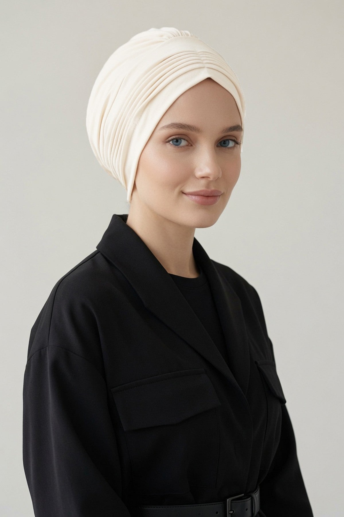 Fashionable Pleated Instant Turban Hijab for Women, Breathable Cotton Stretch Head Cover, High Quality Chemo & Alopecia Headwrap,B-19 Ivory