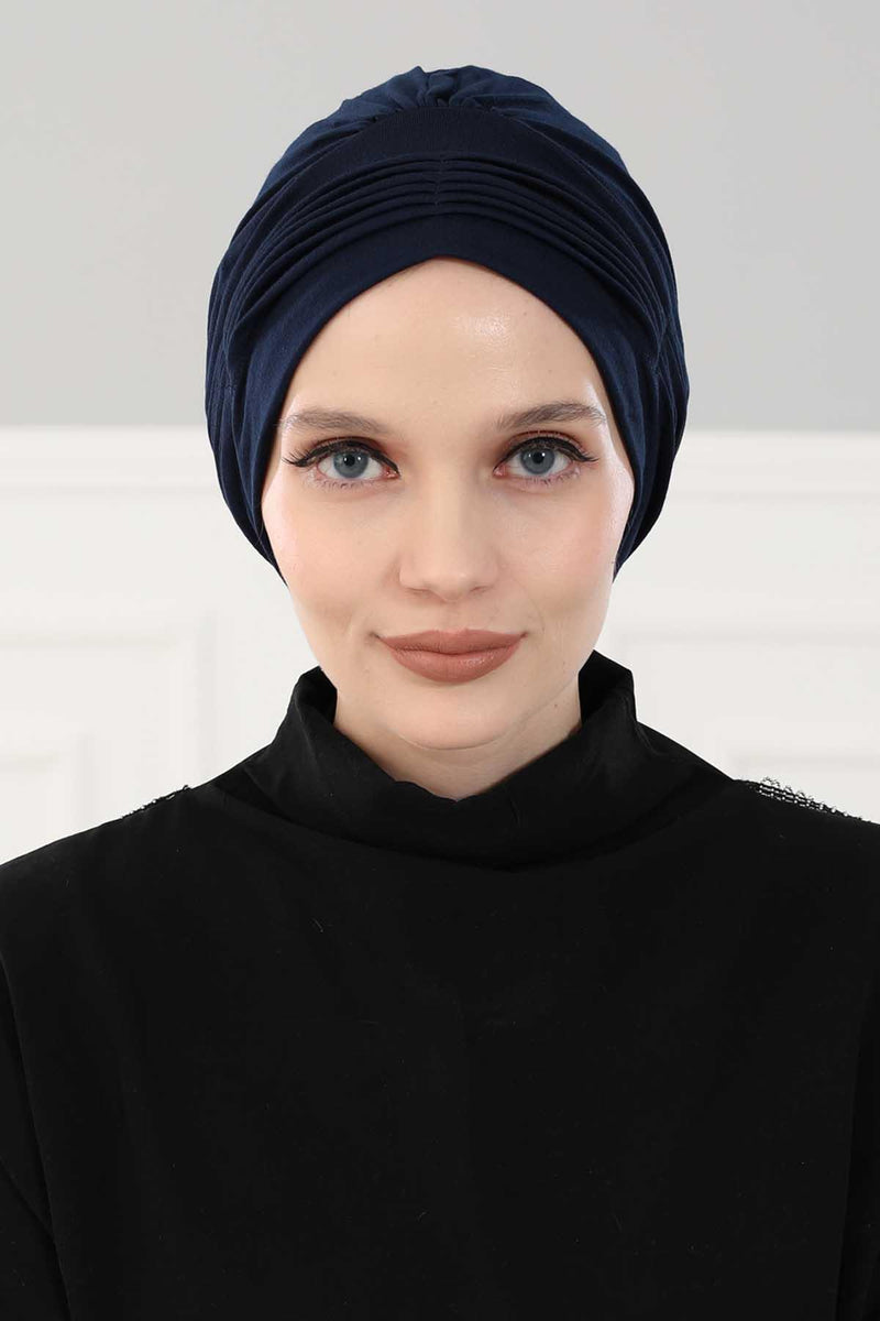 Fashionable Pleated Instant Turban Hijab for Women, Breathable Cotton Stretch Head Cover, High Quality Chemo & Alopecia Headwrap,B-19 Navy Blue