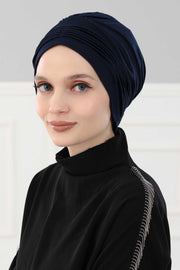 Fashionable Pleated Instant Turban Hijab for Women, Breathable Cotton Stretch Head Cover, High Quality Chemo & Alopecia Headwrap,B-19 Navy Blue