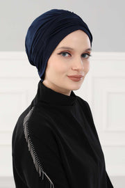 Fashionable Pleated Instant Turban Hijab for Women, Breathable Cotton Stretch Head Cover, High Quality Chemo & Alopecia Headwrap,B-19 Navy Blue