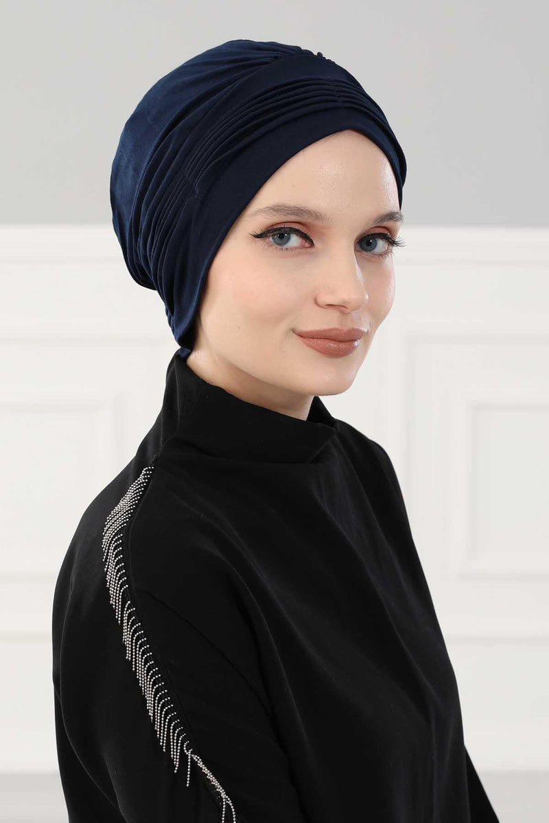 Fashionable Pleated Instant Turban Hijab for Women, Breathable Cotton Stretch Head Cover, High Quality Chemo & Alopecia Headwrap,B-19 Navy Blue