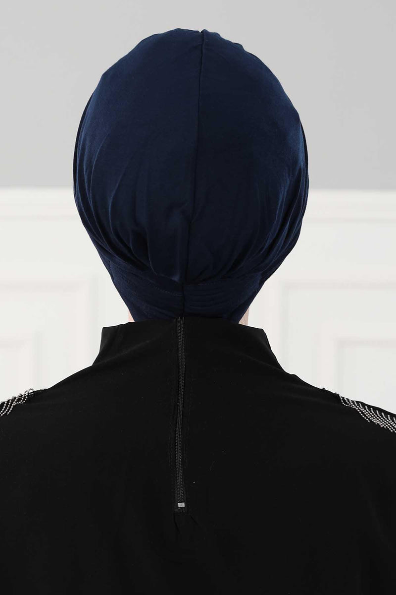 Fashionable Pleated Instant Turban Hijab for Women, Breathable Cotton Stretch Head Cover, High Quality Chemo & Alopecia Headwrap,B-19 Navy Blue