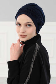 Fashionable Pleated Instant Turban Hijab for Women, Breathable Cotton Stretch Head Cover, High Quality Chemo & Alopecia Headwrap,B-19 Navy Blue