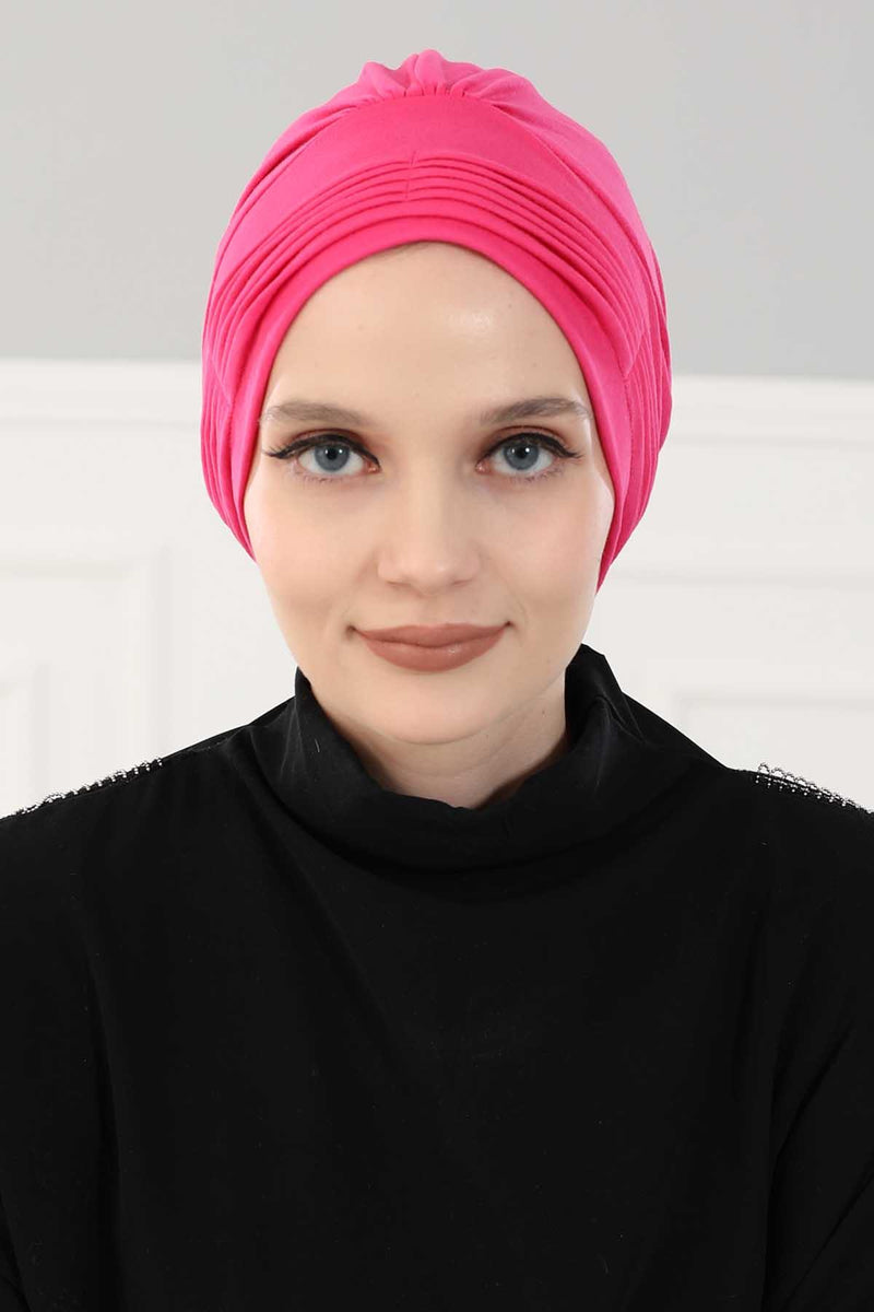 Fashionable Pleated Instant Turban Hijab for Women, Breathable Cotton Stretch Head Cover, High Quality Chemo & Alopecia Headwrap,B-19 Fuchsia