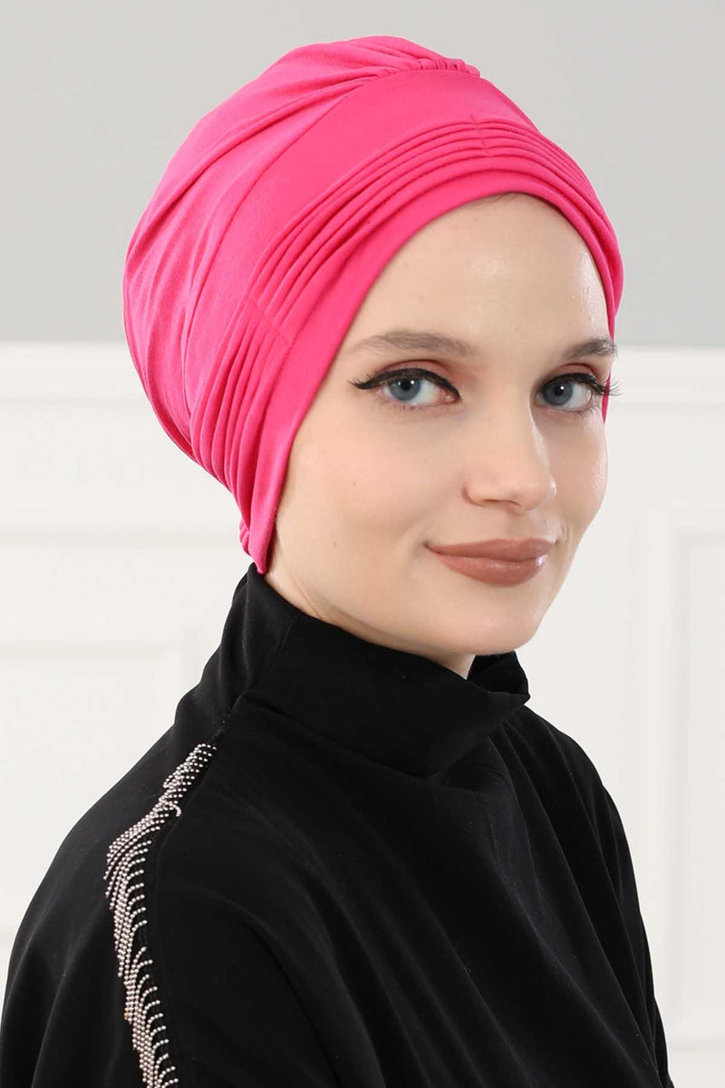 Fashionable Pleated Instant Turban Hijab for Women, Breathable Cotton Stretch Head Cover, High Quality Chemo & Alopecia Headwrap,B-19 Fuchsia