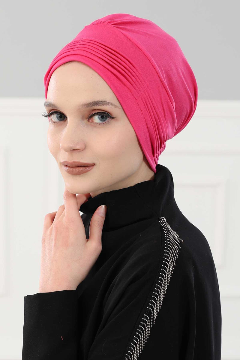 Fashionable Pleated Instant Turban Hijab for Women, Breathable Cotton Stretch Head Cover, High Quality Chemo & Alopecia Headwrap,B-19 Fuchsia