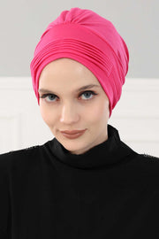 Fashionable Pleated Instant Turban Hijab for Women, Breathable Cotton Stretch Head Cover, High Quality Chemo & Alopecia Headwrap,B-19 Fuchsia