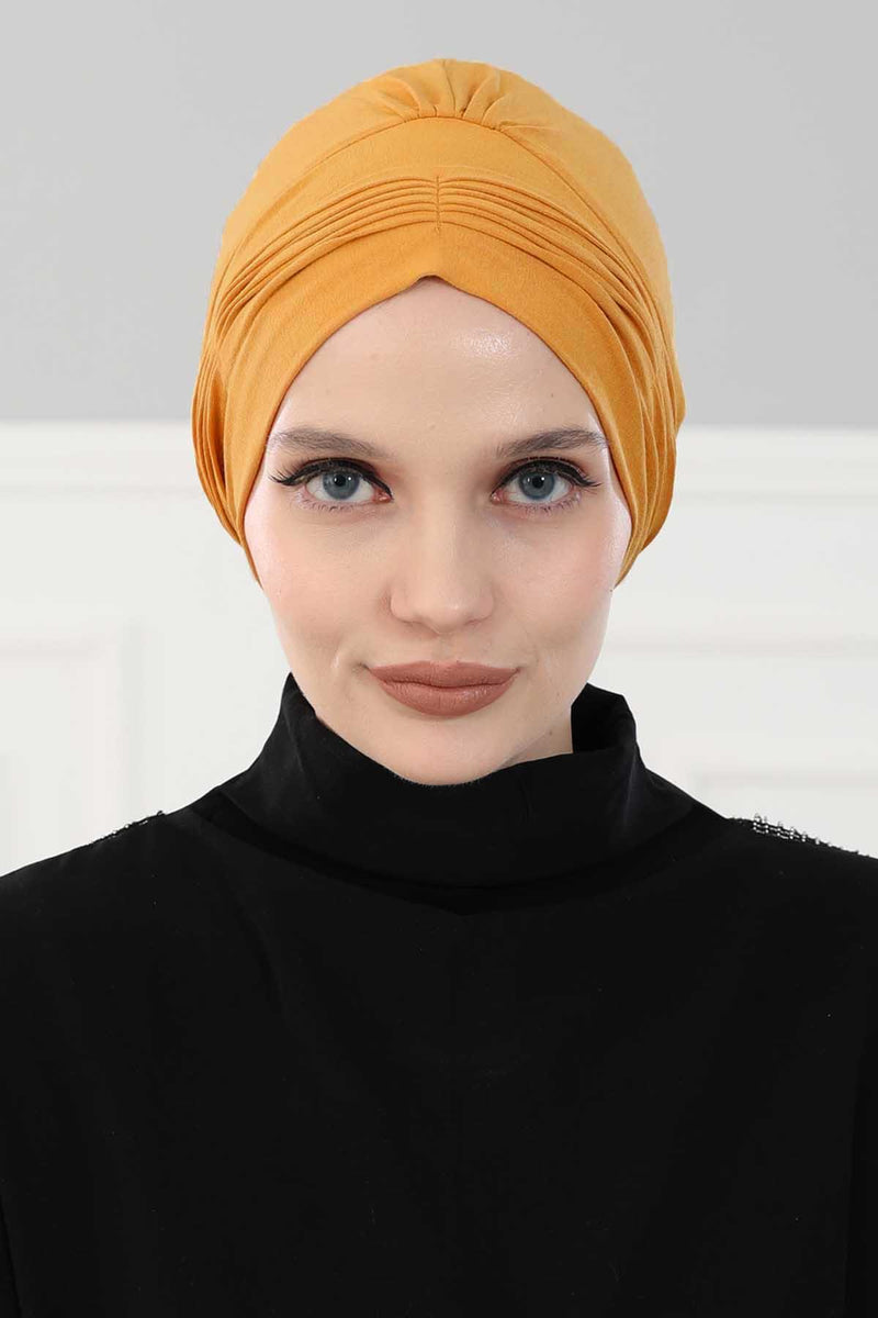 Fashionable Pleated Instant Turban Hijab for Women, Breathable Cotton Stretch Head Cover, High Quality Chemo & Alopecia Headwrap,B-19 Mustard Yellow