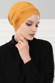 Fashionable Pleated Instant Turban Hijab for Women, Breathable Cotton Stretch Head Cover, High Quality Chemo & Alopecia Headwrap,B-19 Mustard Yellow