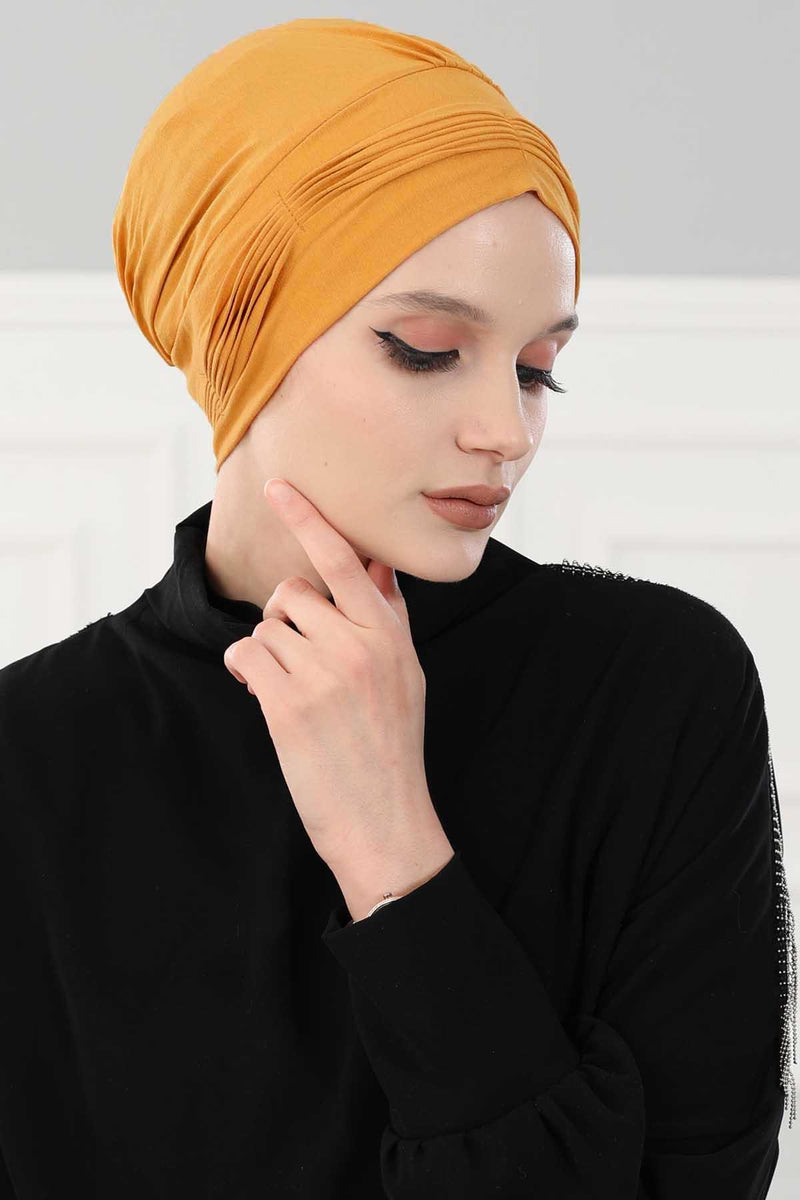 Fashionable Pleated Instant Turban Hijab for Women, Breathable Cotton Stretch Head Cover, High Quality Chemo & Alopecia Headwrap,B-19 Mustard Yellow