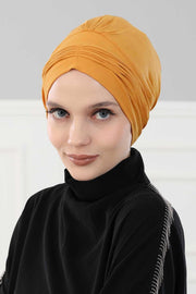 Fashionable Pleated Instant Turban Hijab for Women, Breathable Cotton Stretch Head Cover, High Quality Chemo & Alopecia Headwrap,B-19 Mustard Yellow