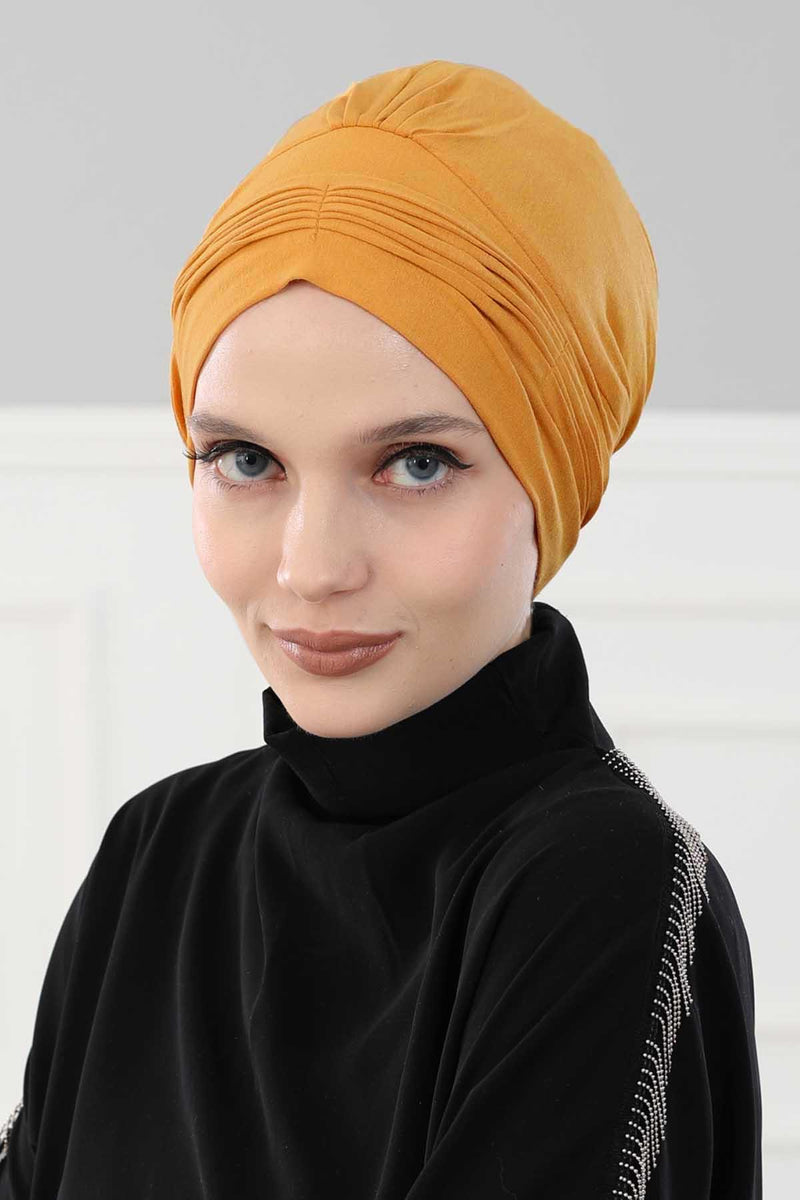 Fashionable Pleated Instant Turban Hijab for Women, Breathable Cotton Stretch Head Cover, High Quality Chemo & Alopecia Headwrap,B-19 Mustard Yellow
