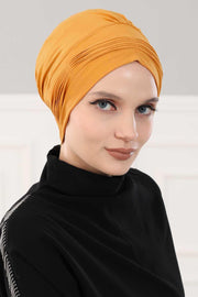 Fashionable Pleated Instant Turban Hijab for Women, Breathable Cotton Stretch Head Cover, High Quality Chemo & Alopecia Headwrap,B-19 Mustard Yellow