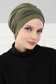Fashionable Pleated Instant Turban Hijab for Women, Breathable Cotton Stretch Head Cover, High Quality Chemo & Alopecia Headwrap,B-19 Army Green