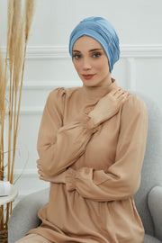 Fashionable Pleated Instant Turban Hijab for Women, Breathable Cotton Stretch Head Cover, High Quality Chemo & Alopecia Headwrap,B-19 Blue
