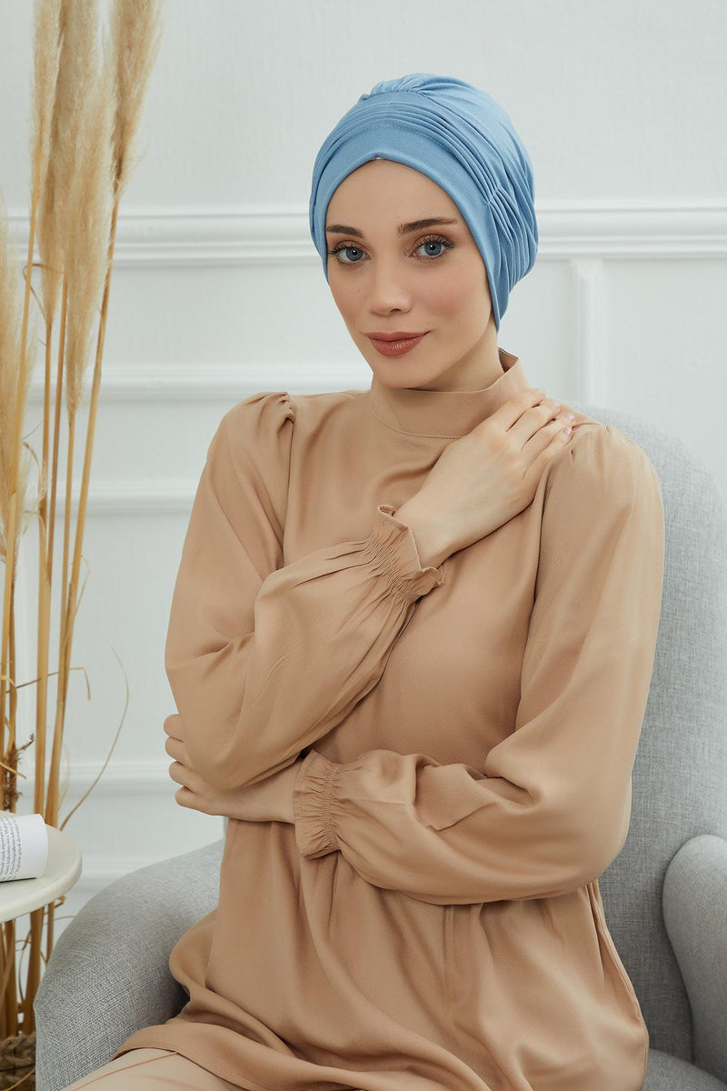 Fashionable Pleated Instant Turban Hijab for Women, Breathable Cotton Stretch Head Cover, High Quality Chemo & Alopecia Headwrap,B-19 Blue