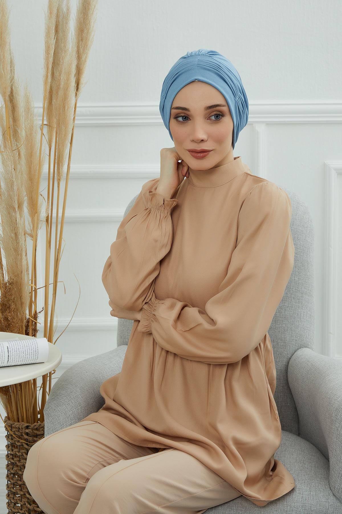 Fashionable Pleated Instant Turban Hijab for Women, Breathable Cotton Stretch Head Cover, High Quality Chemo & Alopecia Headwrap,B-19 Blue