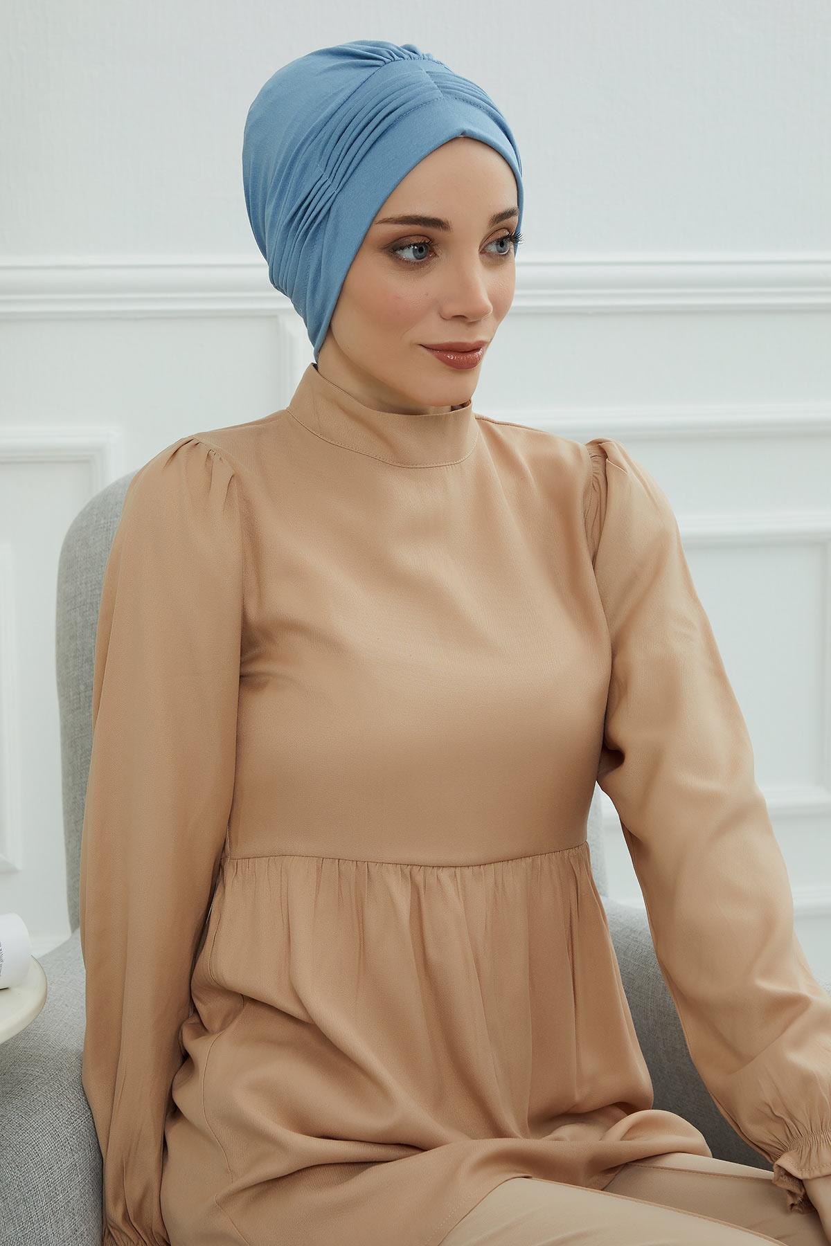 Fashionable Pleated Instant Turban Hijab for Women, Breathable Cotton Stretch Head Cover, High Quality Chemo & Alopecia Headwrap,B-19 Blue