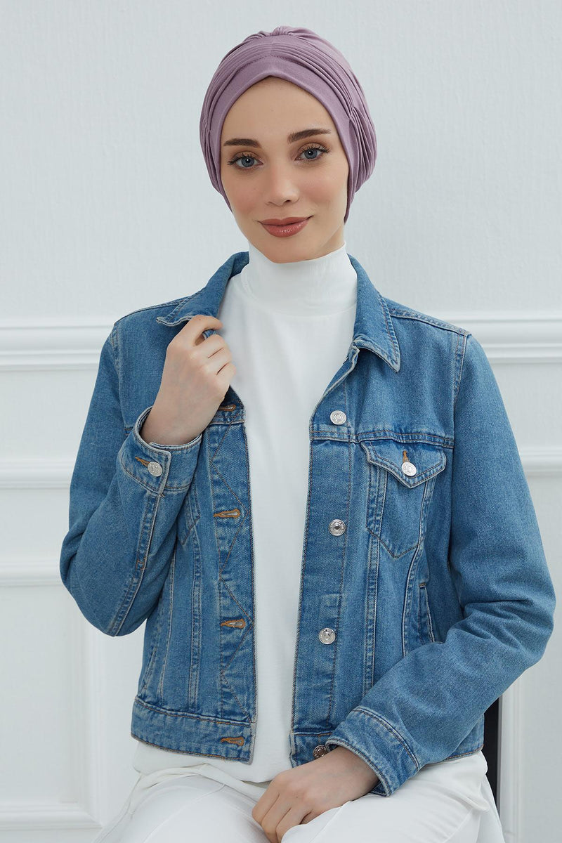 Fashionable Pleated Instant Turban Hijab for Women, Breathable Cotton Stretch Head Cover, High Quality Chemo & Alopecia Headwrap,B-19 Lilac