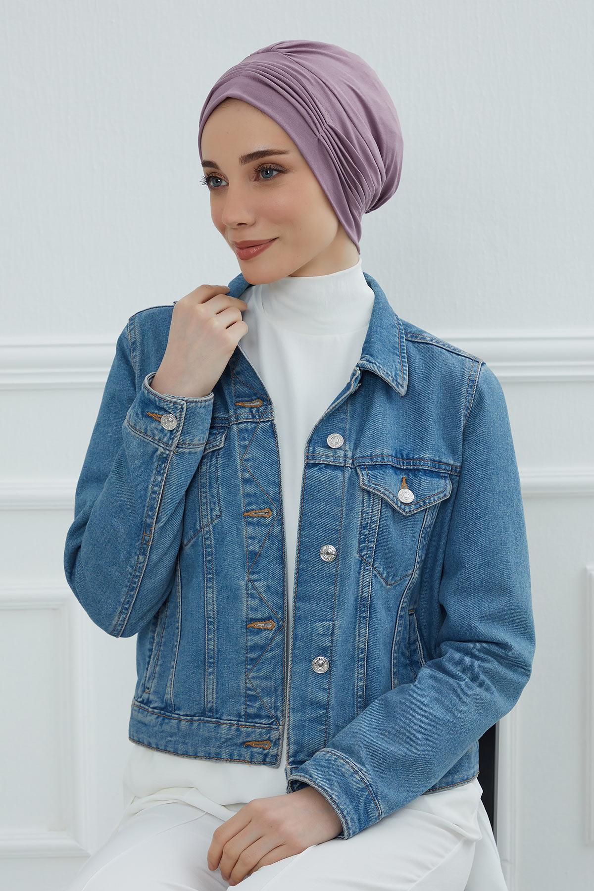 Fashionable Pleated Instant Turban Hijab for Women, Breathable Cotton Stretch Head Cover, High Quality Chemo & Alopecia Headwrap,B-19 Lilac