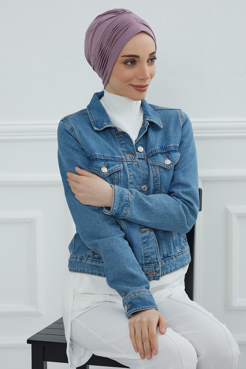 Fashionable Pleated Instant Turban Hijab for Women, Breathable Cotton Stretch Head Cover, High Quality Chemo & Alopecia Headwrap,B-19 Lilac