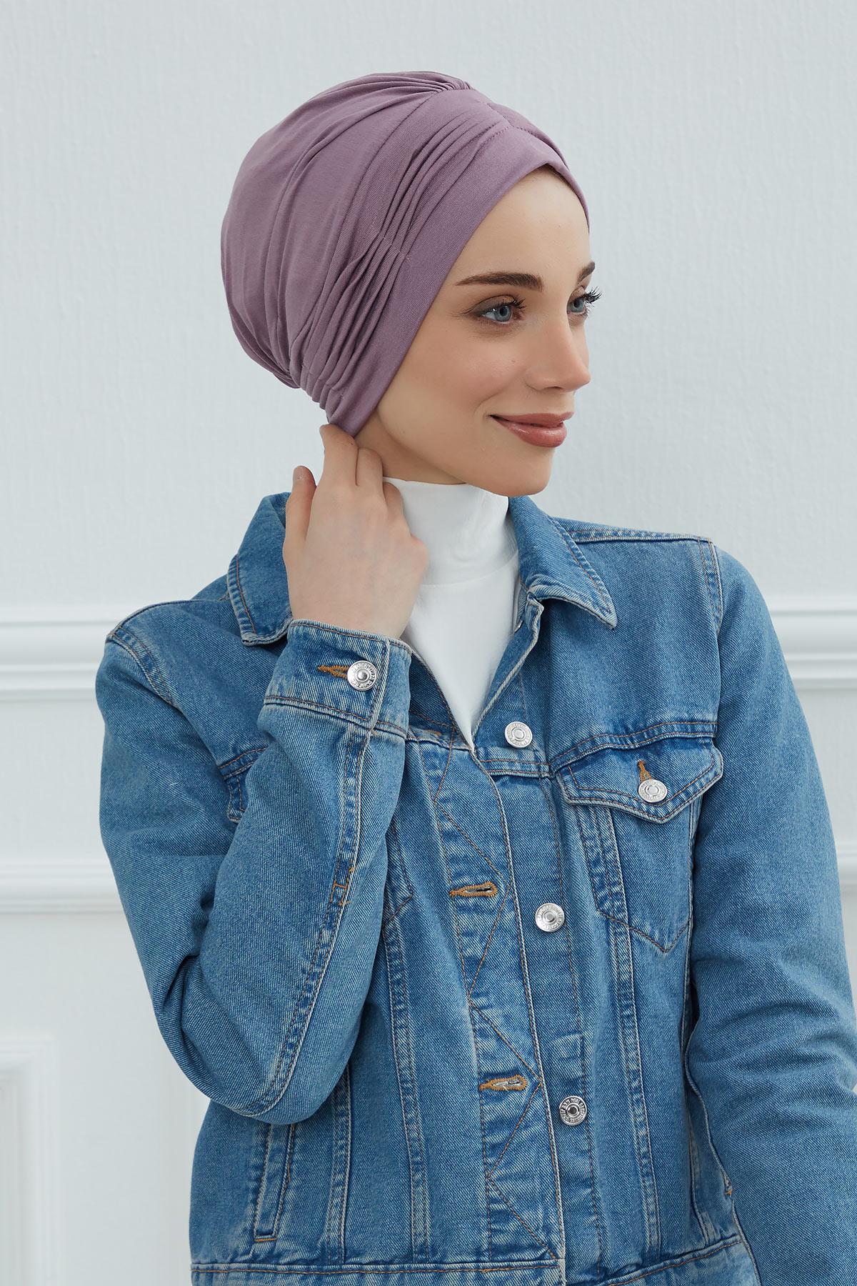 Fashionable Pleated Instant Turban Hijab for Women, Breathable Cotton Stretch Head Cover, High Quality Chemo & Alopecia Headwrap,B-19 Lilac