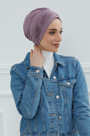 Fashionable Pleated Instant Turban Hijab for Women, Breathable Cotton Stretch Head Cover, High Quality Chemo & Alopecia Headwrap,B-19 Lilac