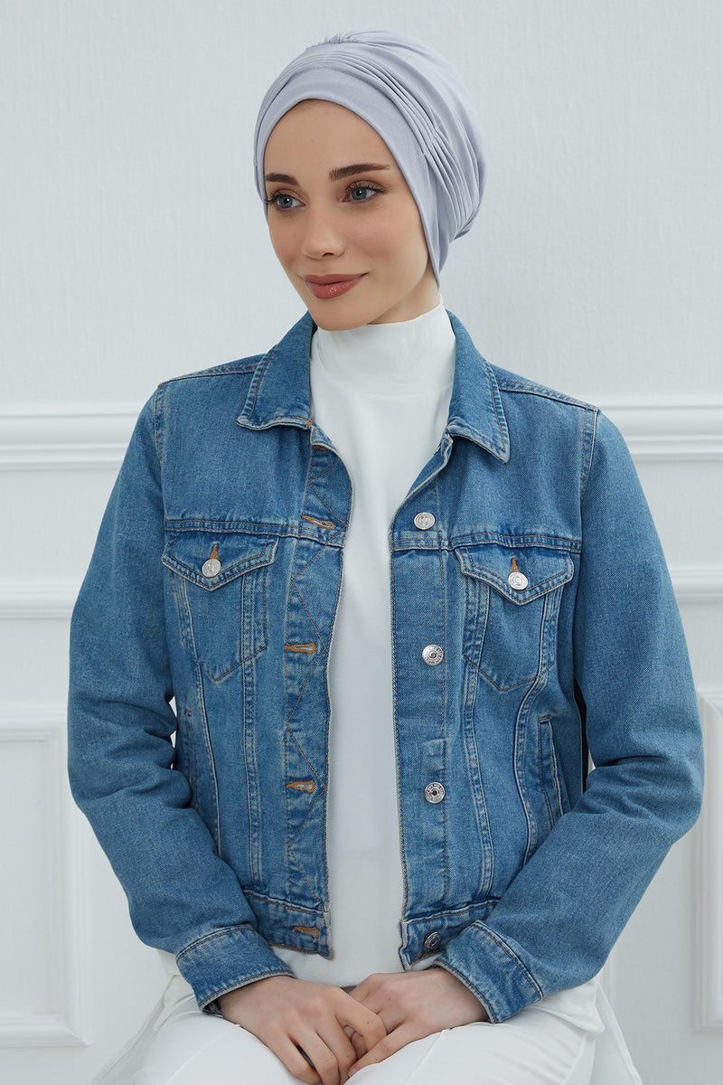 Fashionable Pleated Instant Turban Hijab for Women, Breathable Cotton Stretch Head Cover, High Quality Chemo & Alopecia Headwrap,B-19 Grey 2