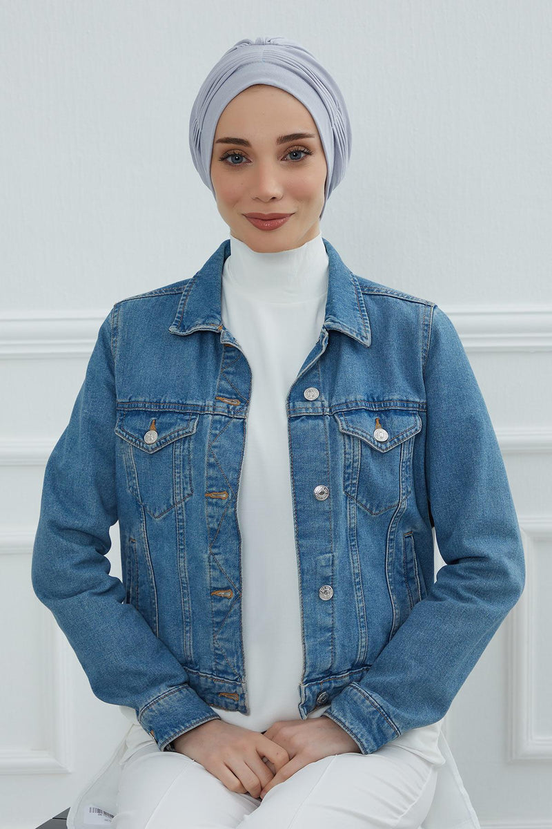 Fashionable Pleated Instant Turban Hijab for Women, Breathable Cotton Stretch Head Cover, High Quality Chemo & Alopecia Headwrap,B-19 Grey 2