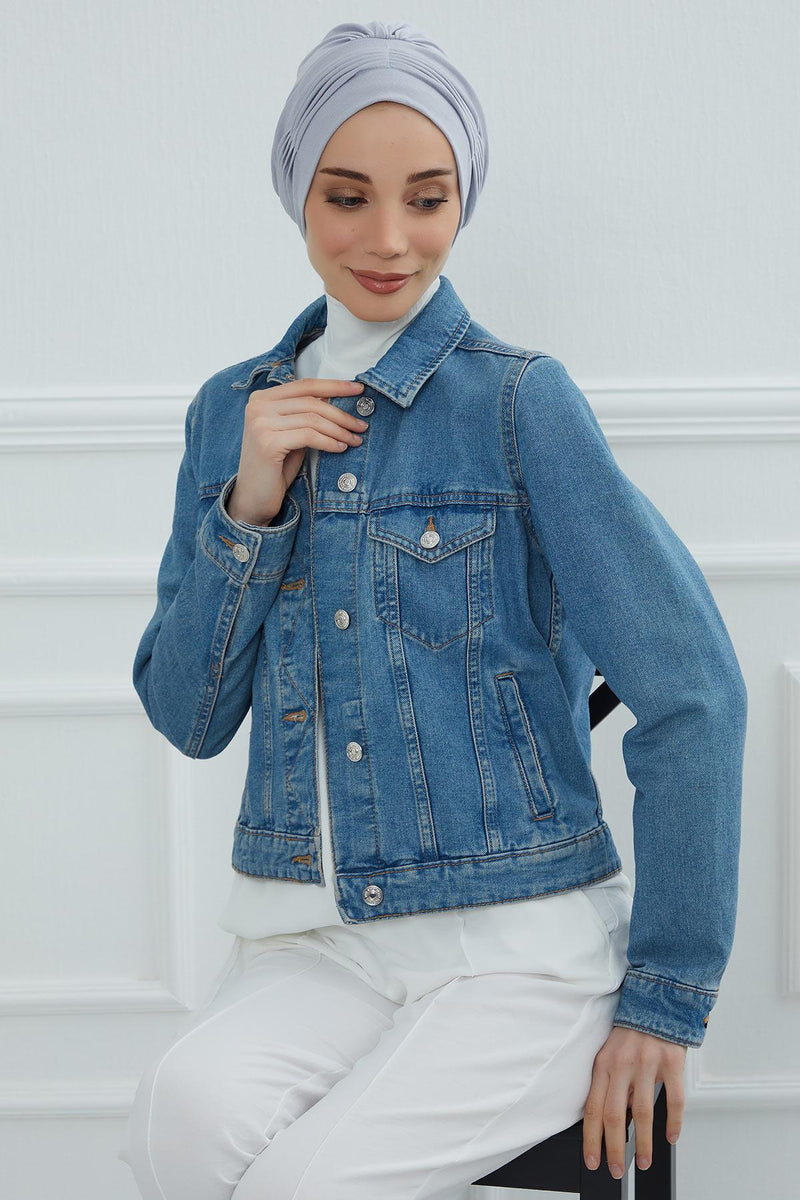 Fashionable Pleated Instant Turban Hijab for Women, Breathable Cotton Stretch Head Cover, High Quality Chemo & Alopecia Headwrap,B-19 Grey 2