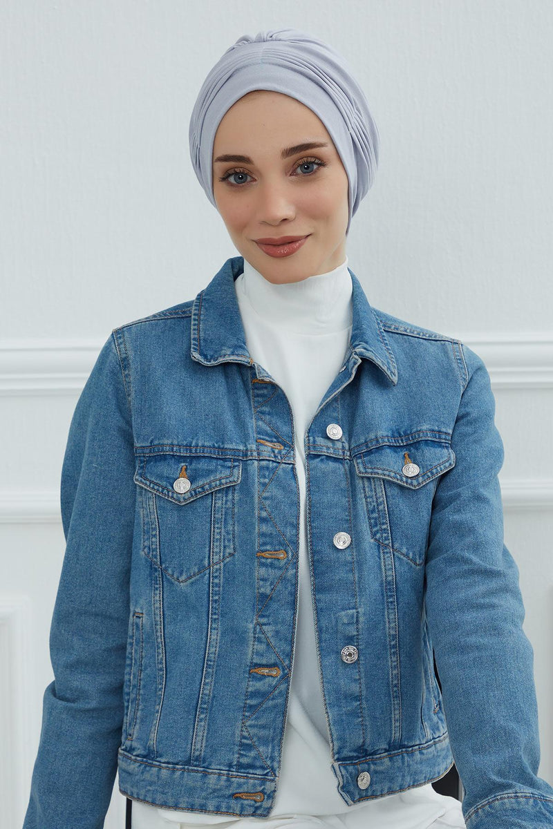 Fashionable Pleated Instant Turban Hijab for Women, Breathable Cotton Stretch Head Cover, High Quality Chemo & Alopecia Headwrap,B-19 Grey 2