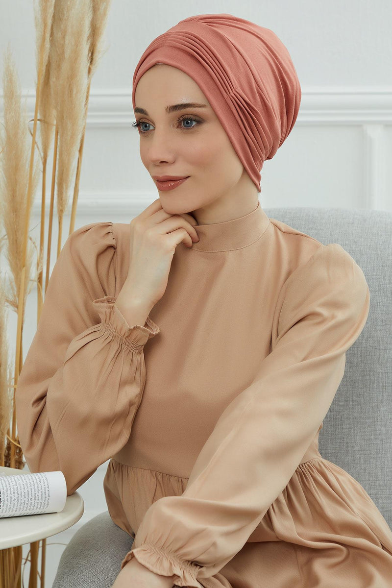 Fashionable Pleated Instant Turban Hijab for Women, Breathable Cotton Stretch Head Cover, High Quality Chemo & Alopecia Headwrap,B-19 Salmon
