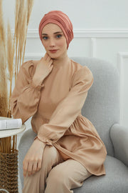 Fashionable Pleated Instant Turban Hijab for Women, Breathable Cotton Stretch Head Cover, High Quality Chemo & Alopecia Headwrap,B-19 Salmon