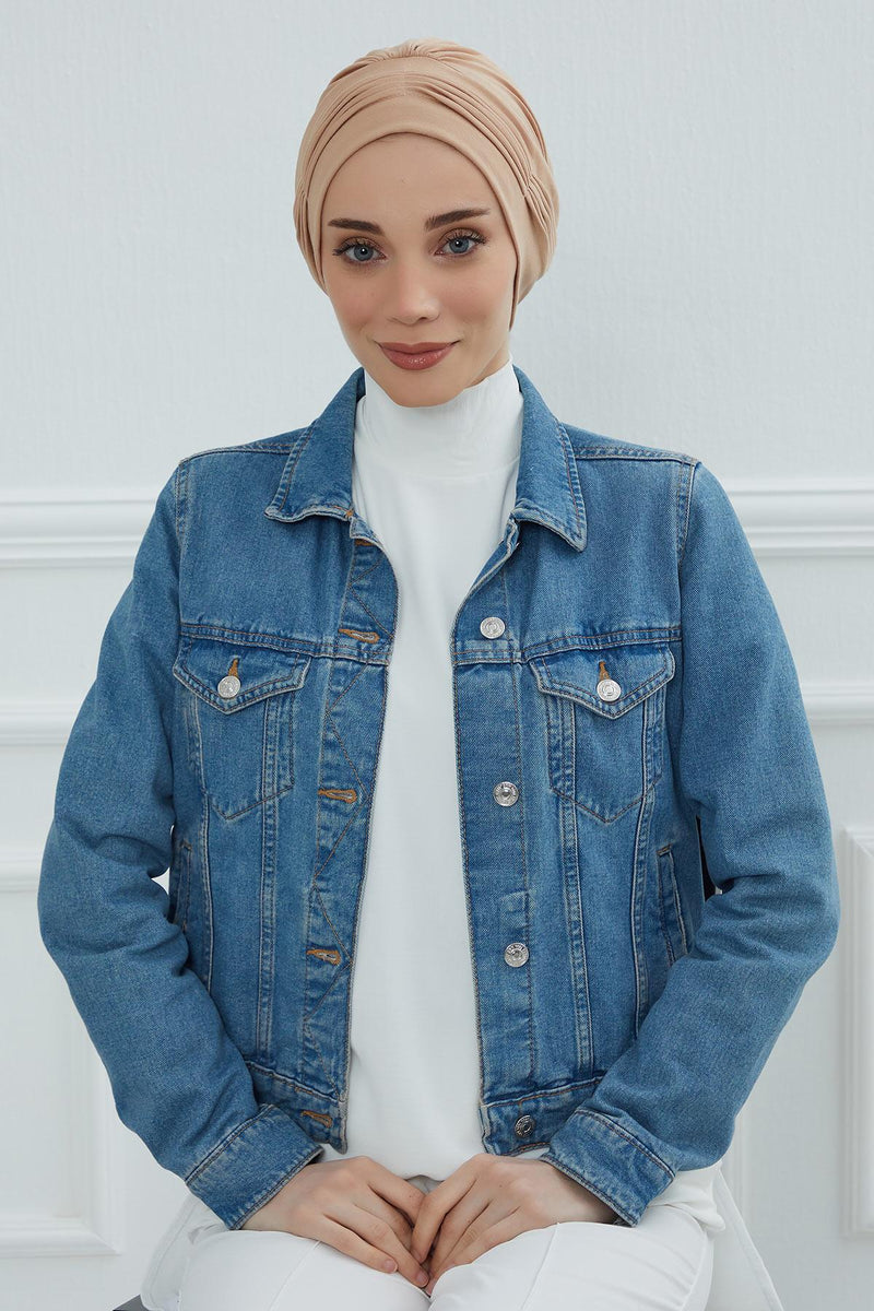 Fashionable Pleated Instant Turban Hijab for Women, Breathable Cotton Stretch Head Cover, High Quality Chemo & Alopecia Headwrap,B-19 Sand Brown