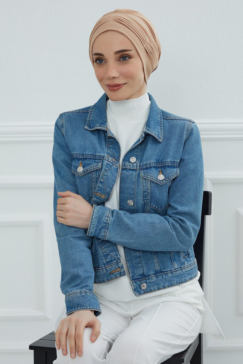 Fashionable Pleated Instant Turban Hijab for Women, Breathable Cotton Stretch Head Cover, High Quality Chemo & Alopecia Headwrap,B-19 Sand Brown