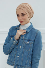 Fashionable Pleated Instant Turban Hijab for Women, Breathable Cotton Stretch Head Cover, High Quality Chemo & Alopecia Headwrap,B-19 Sand Brown