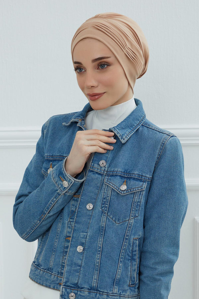 Fashionable Pleated Instant Turban Hijab for Women, Breathable Cotton Stretch Head Cover, High Quality Chemo & Alopecia Headwrap,B-19 Sand Brown