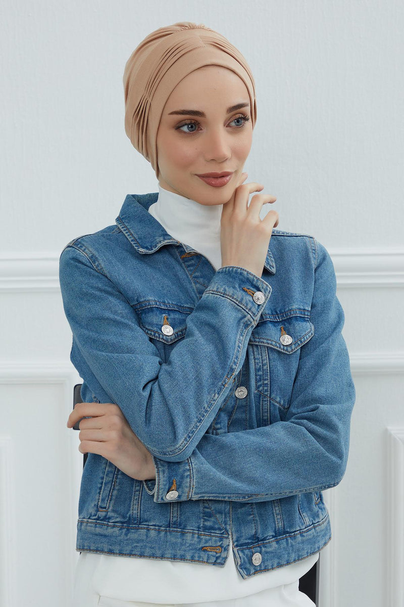 Fashionable Pleated Instant Turban Hijab for Women, Breathable Cotton Stretch Head Cover, High Quality Chemo & Alopecia Headwrap,B-19 Sand Brown