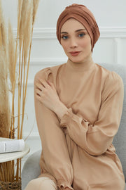 Fashionable Pleated Instant Turban Hijab for Women, Breathable Cotton Stretch Head Cover, High Quality Chemo & Alopecia Headwrap,B-19 Caramel Brown